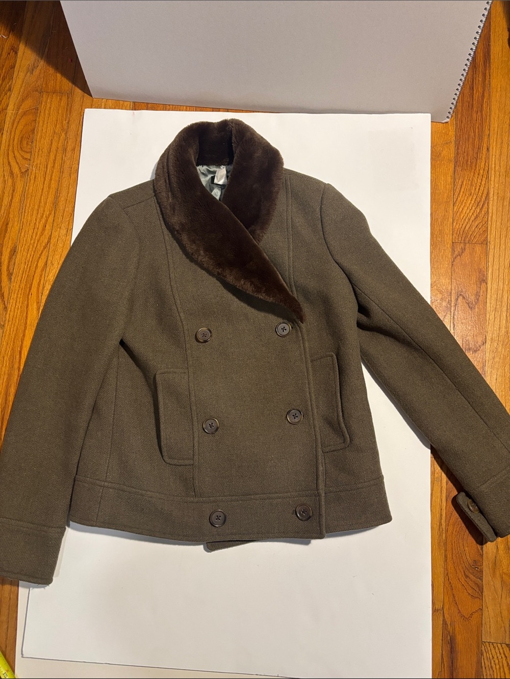 J. Crew Olive Double-Breasted Pea Coat with Dark Brown Faux Fur Collar